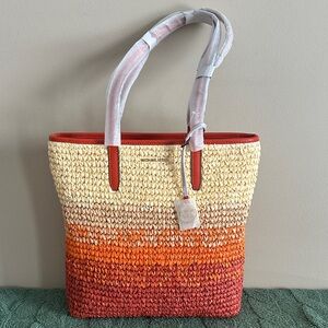 Michael Kors Cream to Orange Ombre Straw Tote with Red Trim